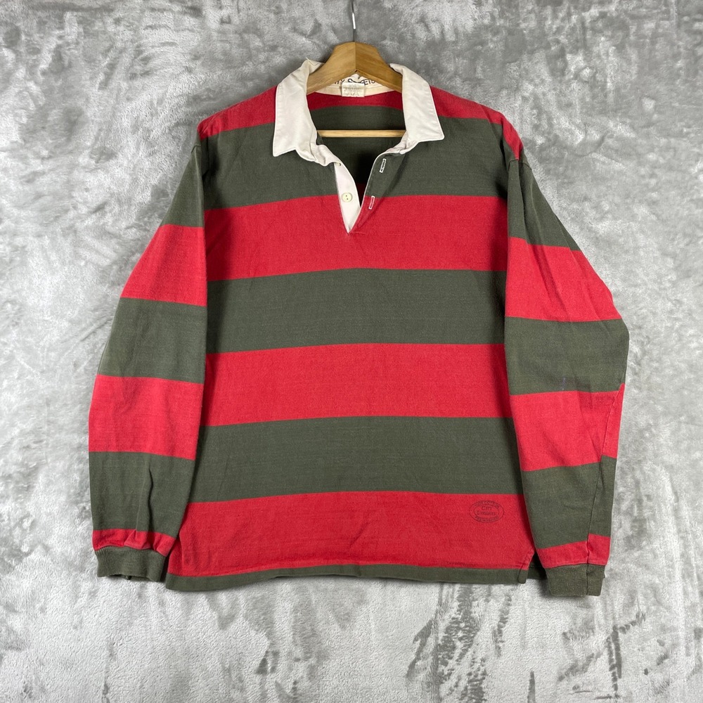 Vintage City Streets Rugby Shirt Mens L Green Red Striped Long Sleeve Polo
